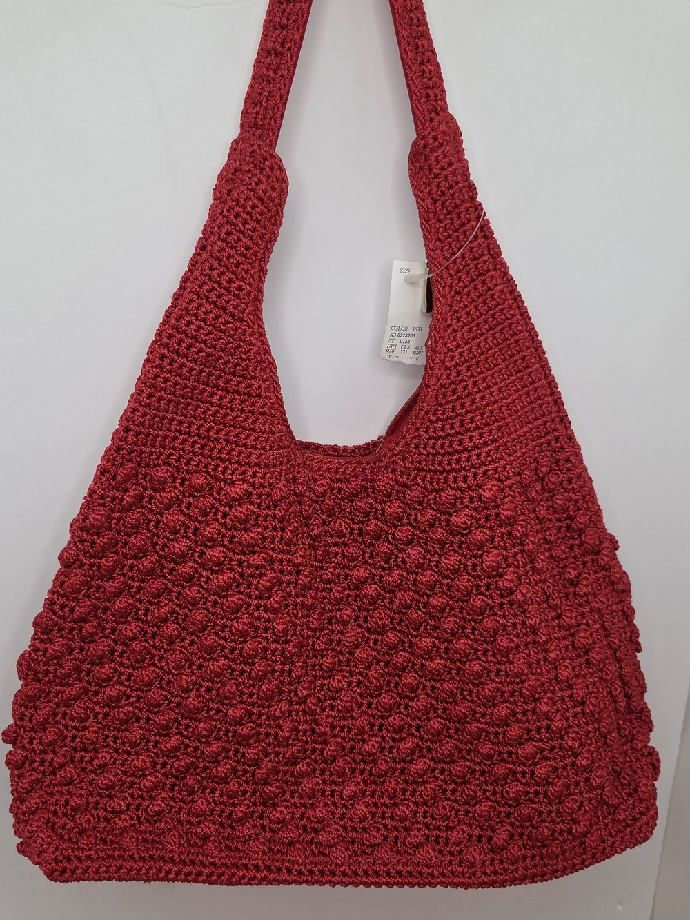 Textured Crochet Hobo Bag in Deep Red 15"x9"x4.5"